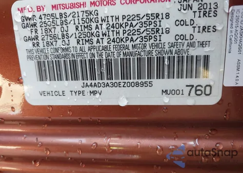 2014 Mitsubishi Outlander Se z USA, uszkodzony, nr VIN JA4AD3A30EZ008955